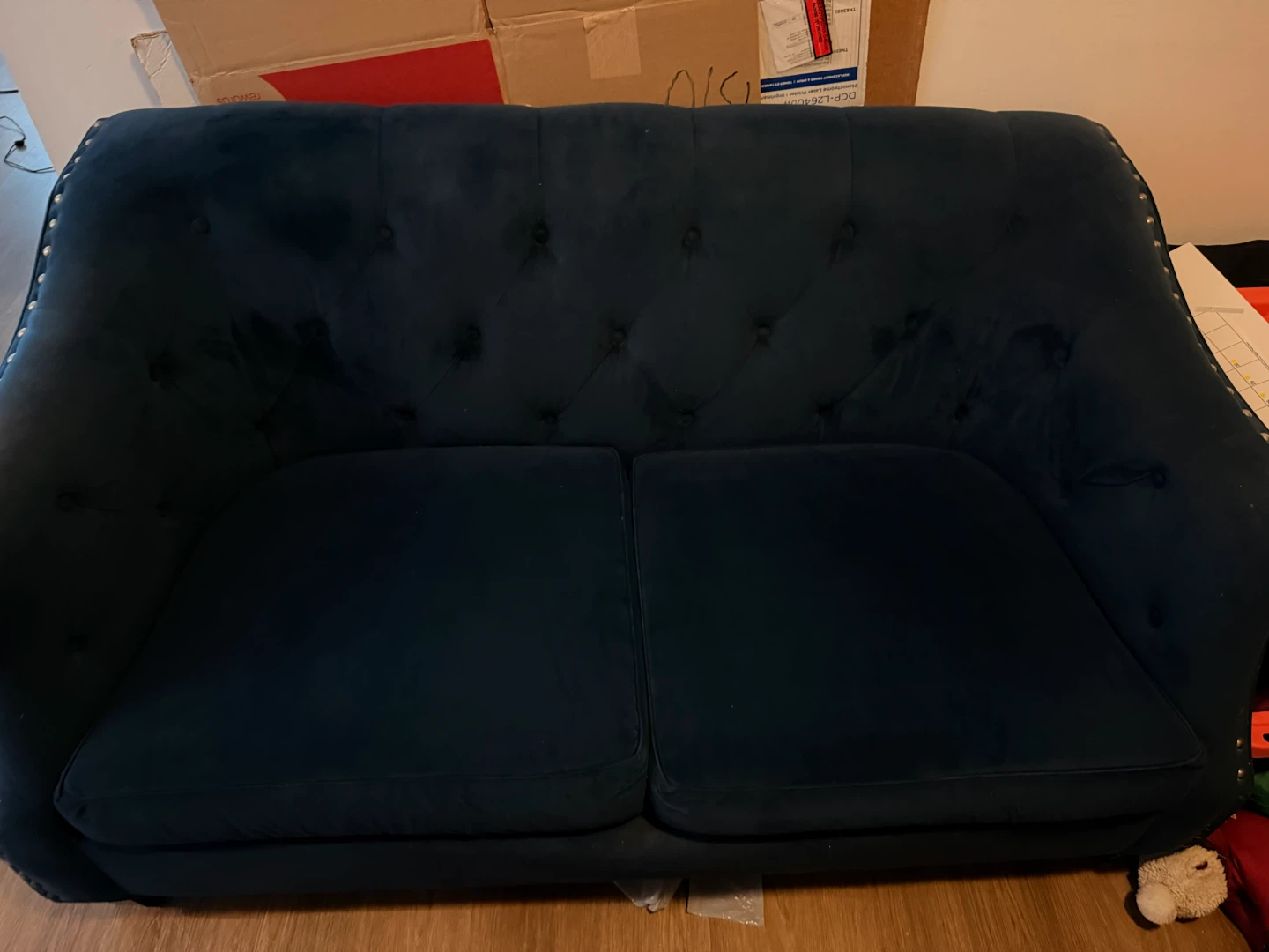 Dark Blue Velvet Tufted Loveseat