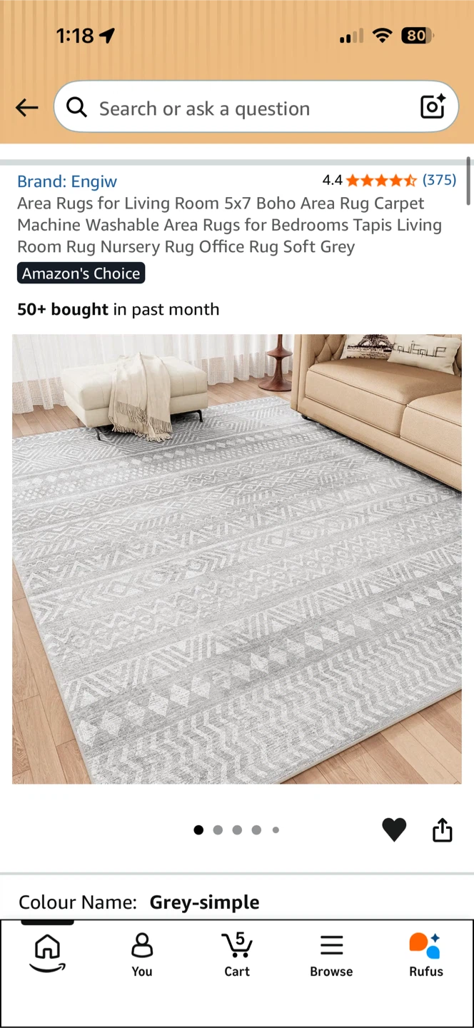 5x7 Grey Washable Area Rug - Boho / Modern - photo 3