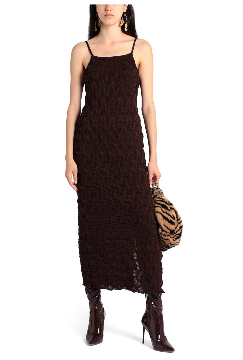 Brown Textured Spaghetti Strap Maxi Dress