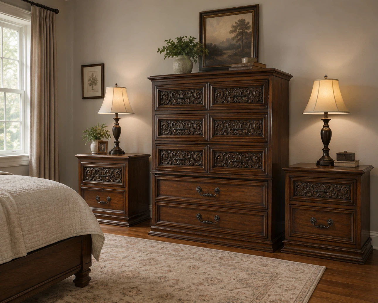 Wooden Nightstand with Carved Detailing