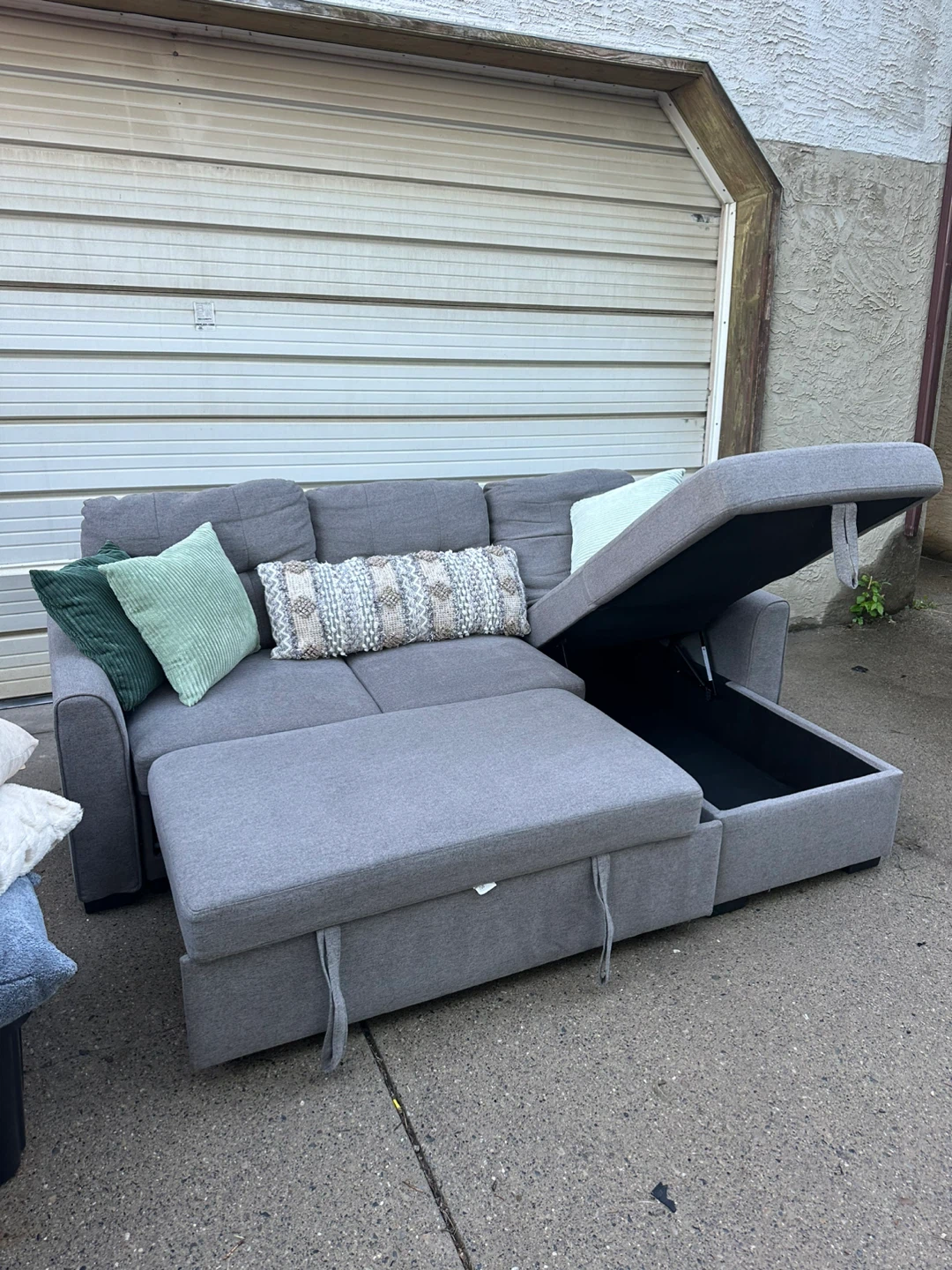 Grey Sectional Sofa w/ Storage Chaise & Pull-Out Bed