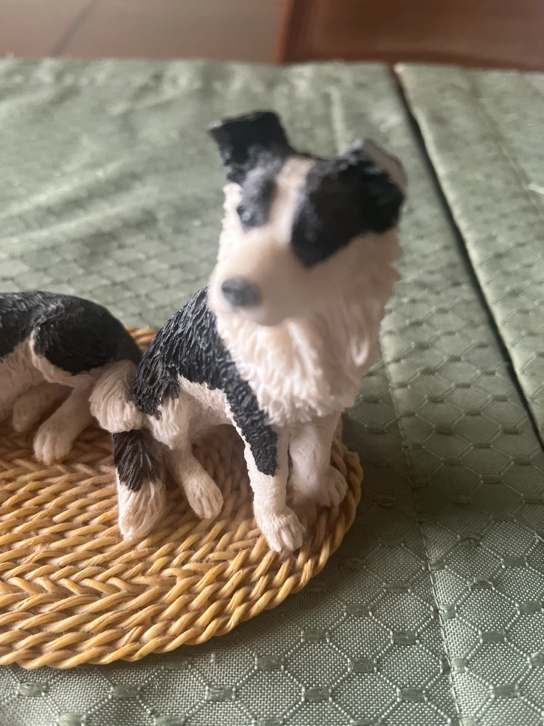 Two Border Collie Dog Figurines on Wicker Base
