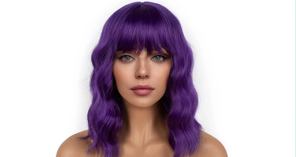 Purple Wavy Wig with Bangs