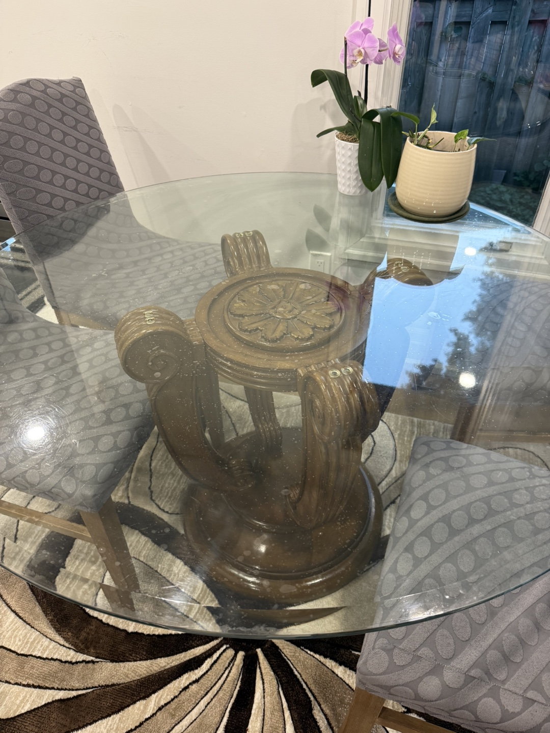 Round Glass Dining Table with Ornate Wood Pedestal Base - photo 3