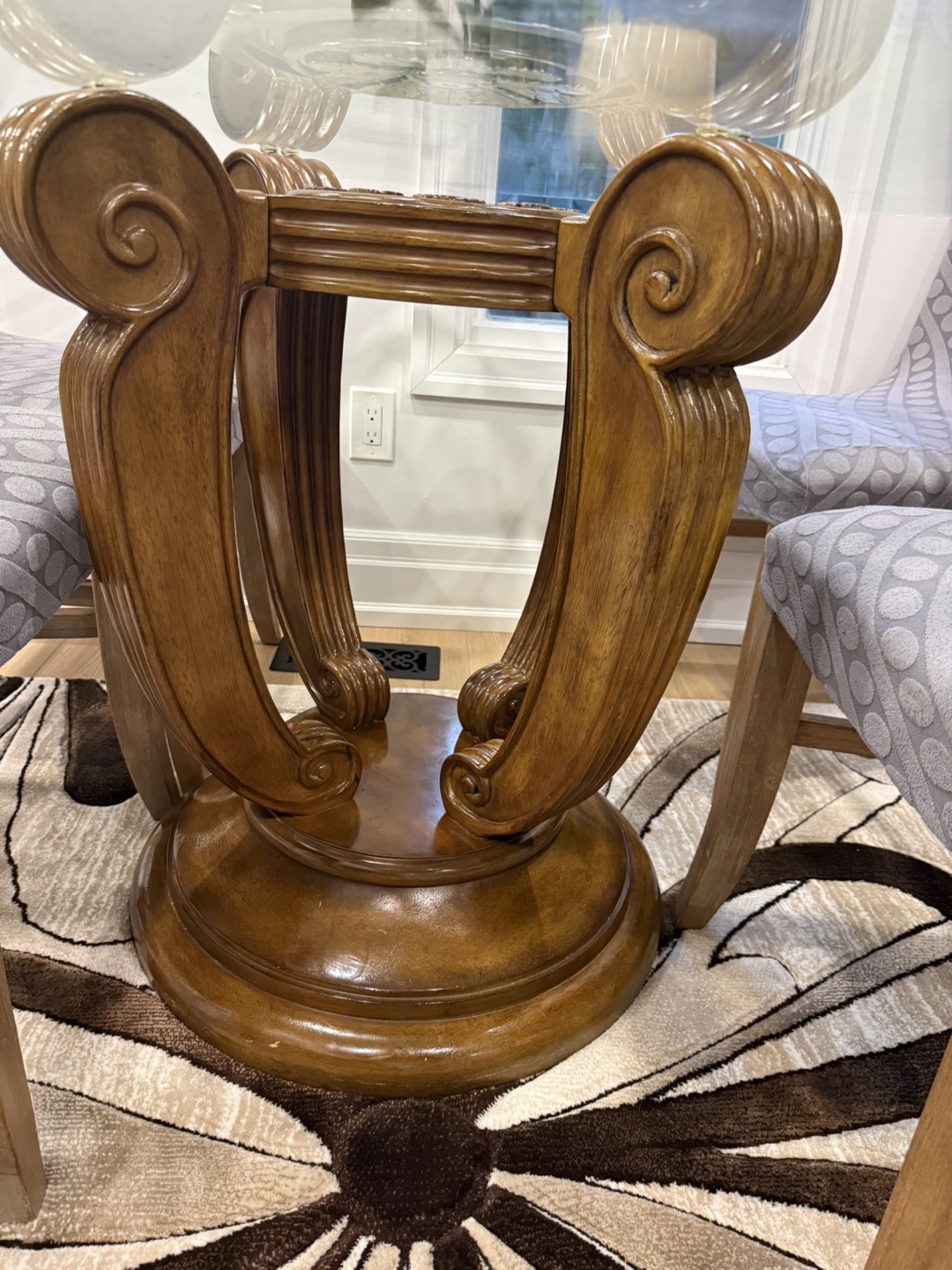 Round Glass Dining Table with Ornate Wood Pedestal Base - photo 2