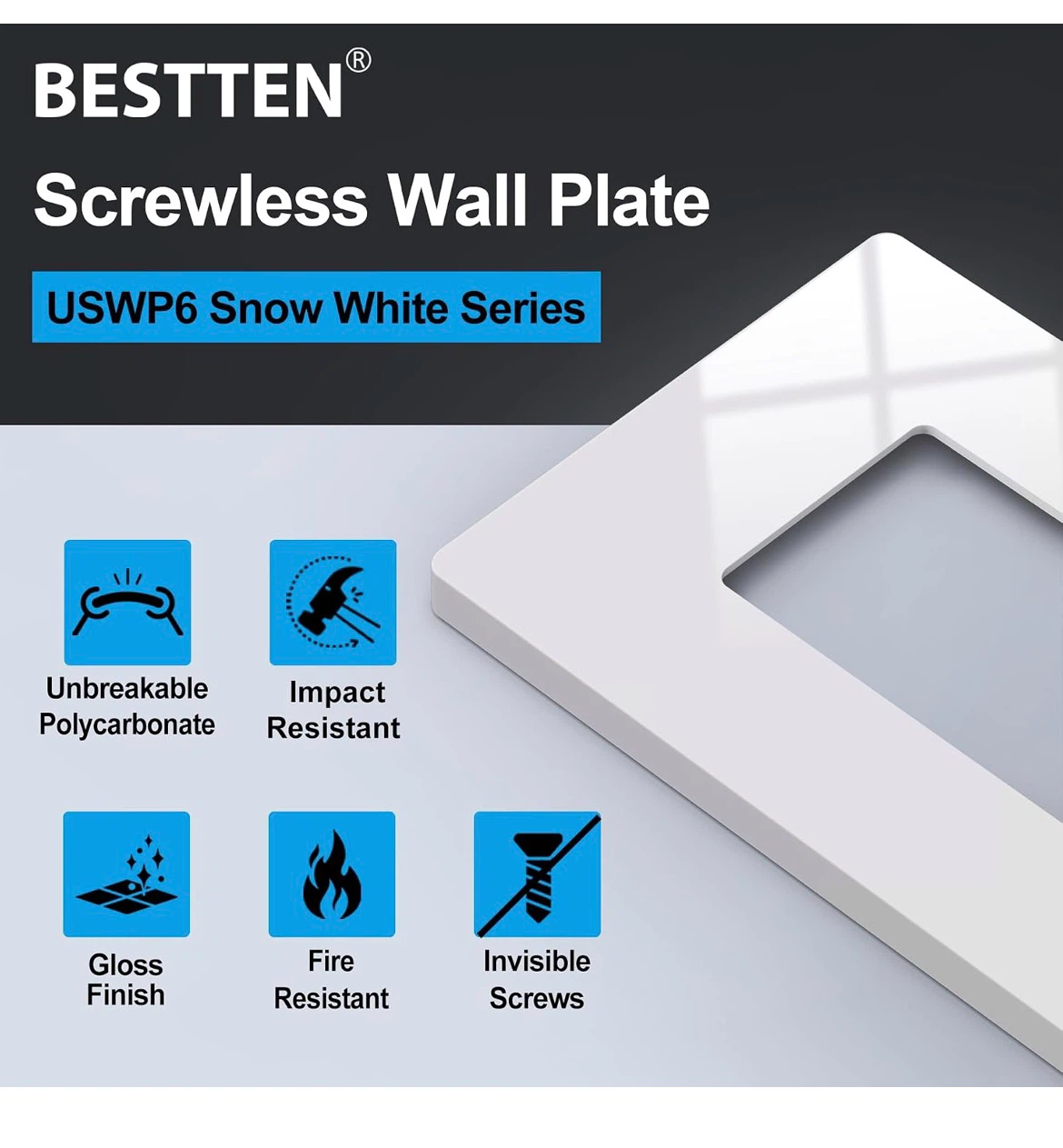 BESTTEN USWP6 Snow White Series Screwless Wall Plate 100 pack - photo 5
