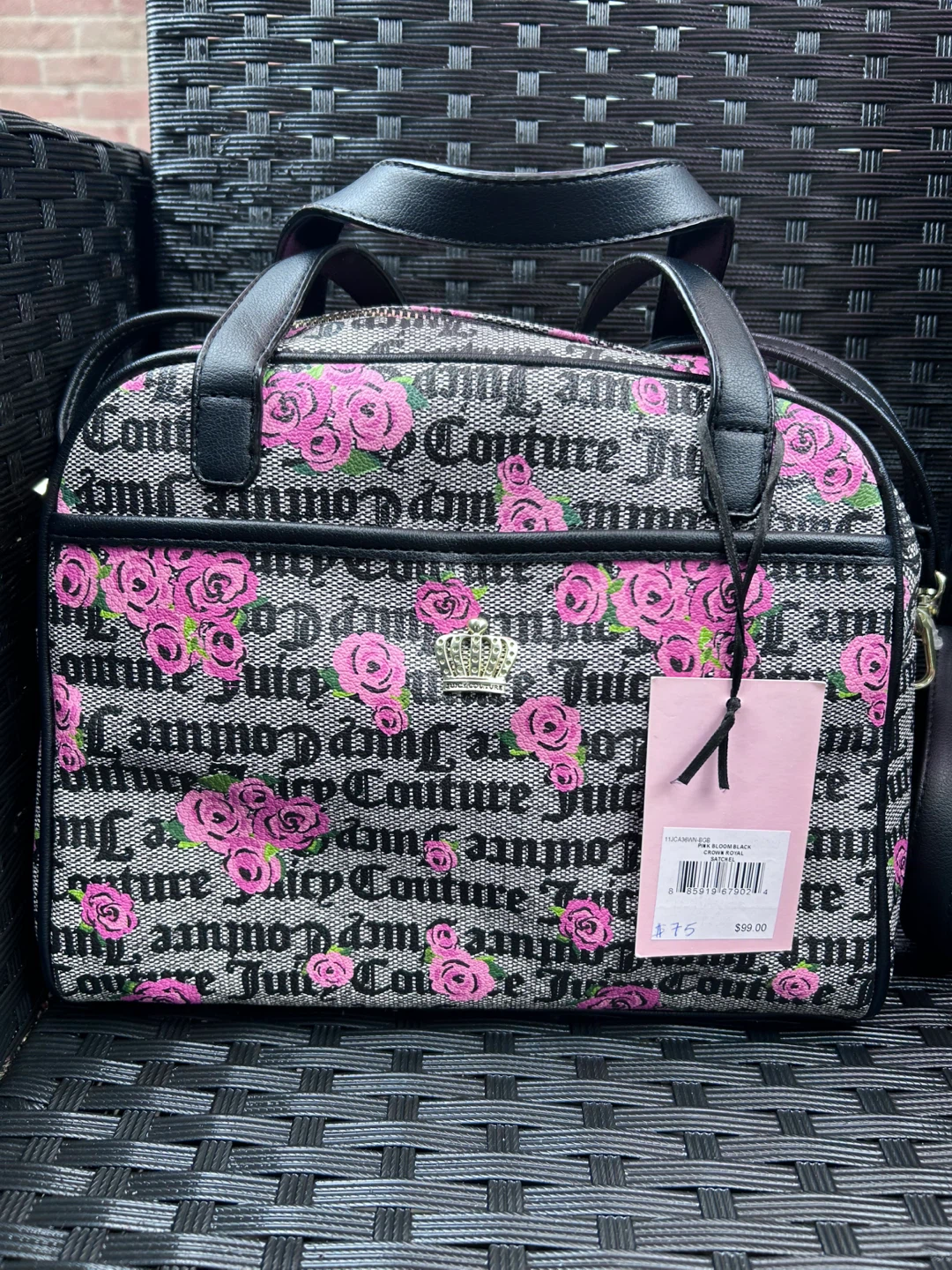 Juicy Couture Grey & Black Logo Rose Print Dome Satchel Bag - photo 2