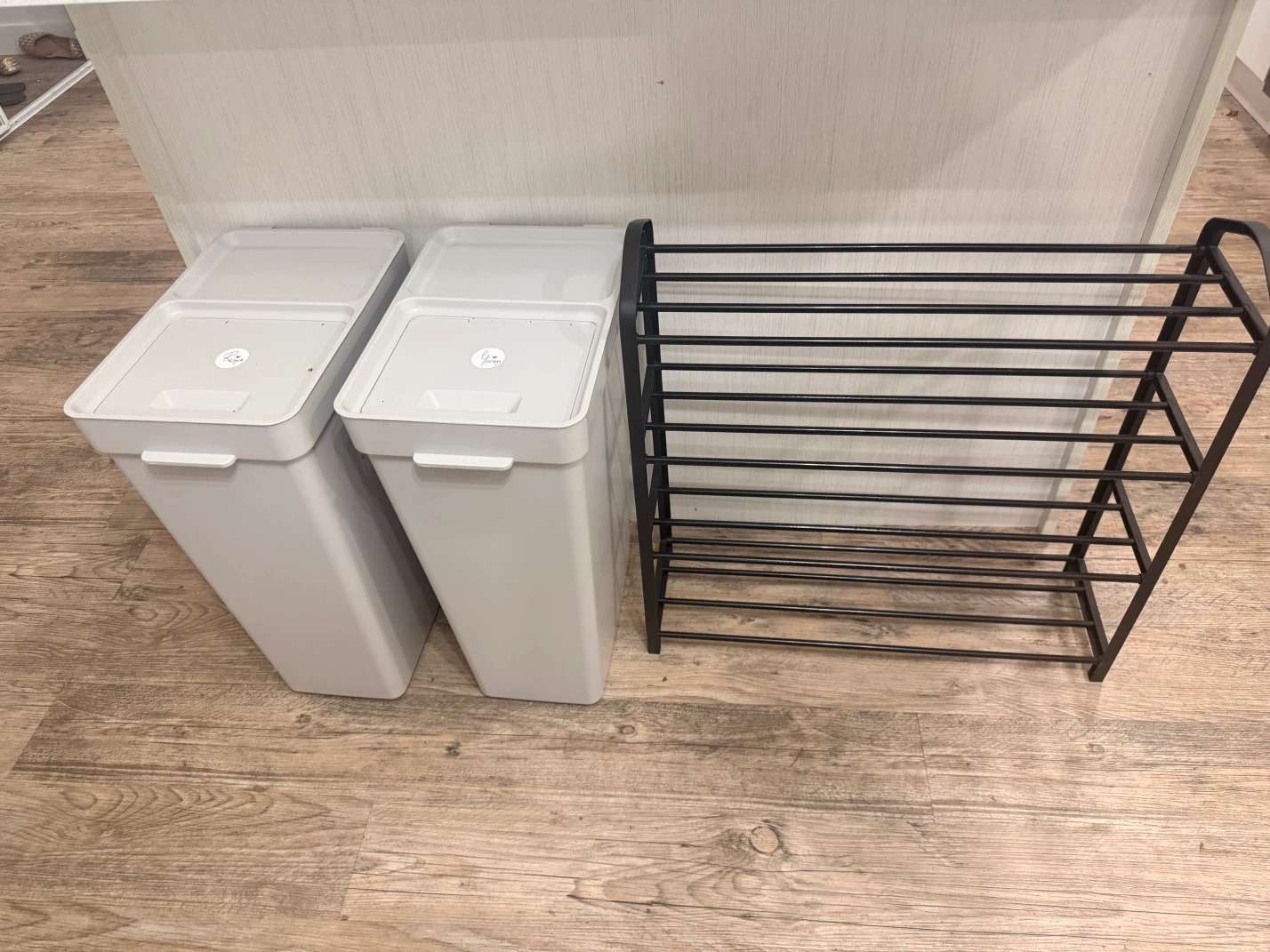 3 ikea garbage bins 2-35L and 1-10L and two shoe racks