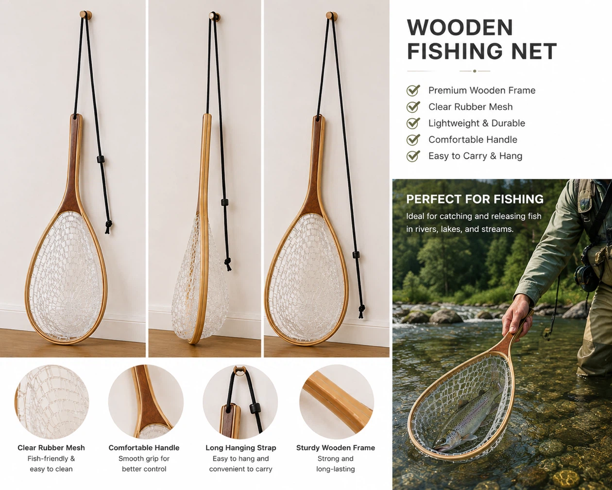 Wooden Fishing Net with Rubber Mesh