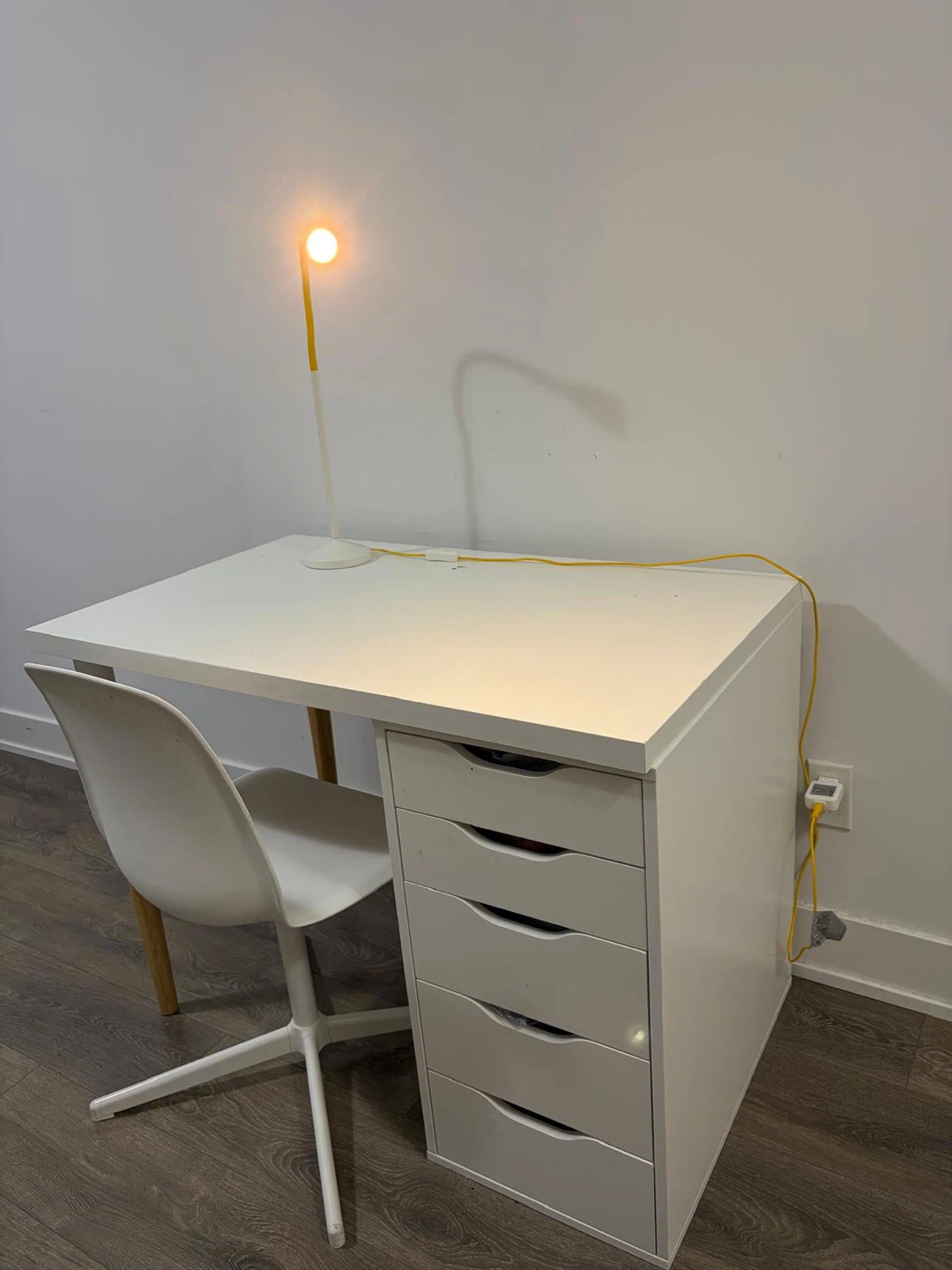 White IKEA Desk with Drawers and chair and lamp
