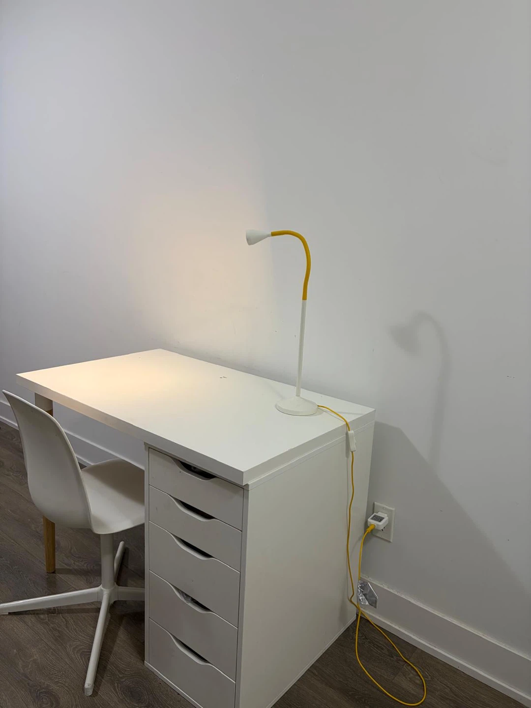 White IKEA Desk with Drawers and chair and lamp - photo 2
