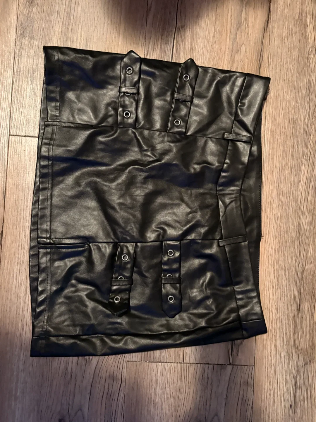 Black Faux Leather Skirt with Buckle Details