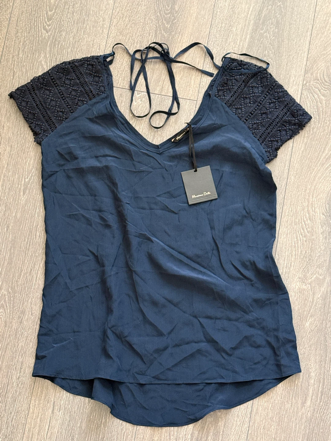 Massimo Dutti Navy Blue Silk Top with Lace