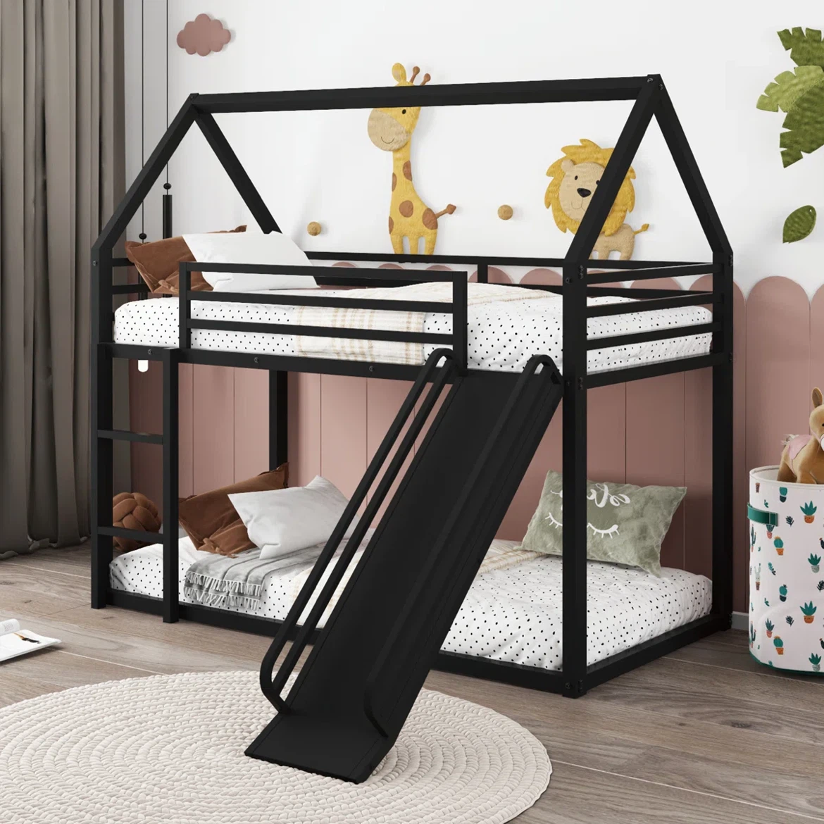 Black Metal House Frame Twin Bunk Bed with Slide