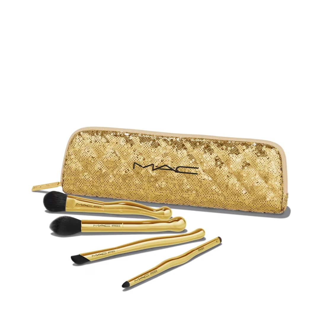MAC Golden Touch Mini Brush Set 💛 Gold Sequin Bag + 4 Brushes