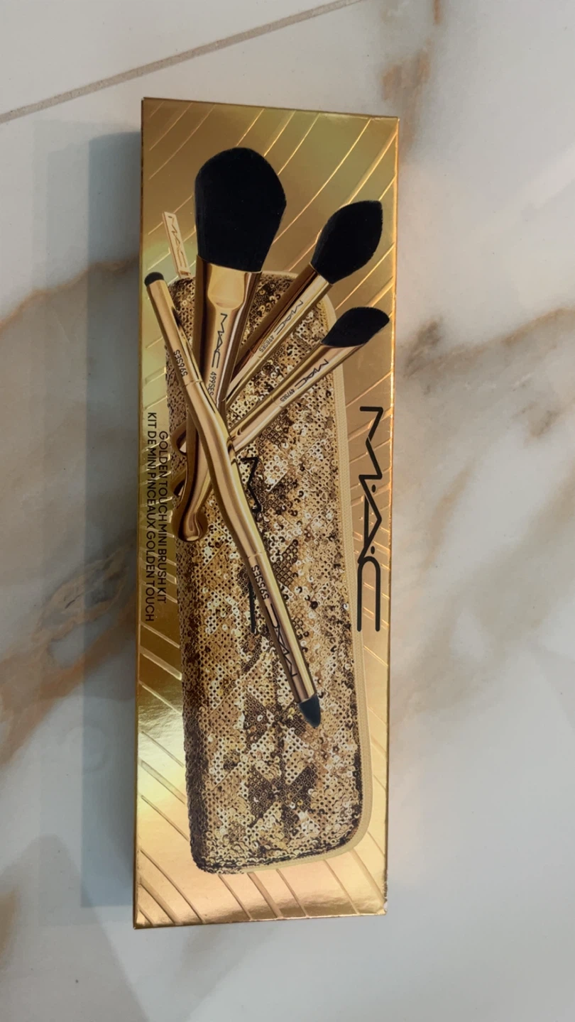 MAC Golden Touch Mini Brush Set 💛 Gold Sequin Bag + 4 Brushes - photo 2