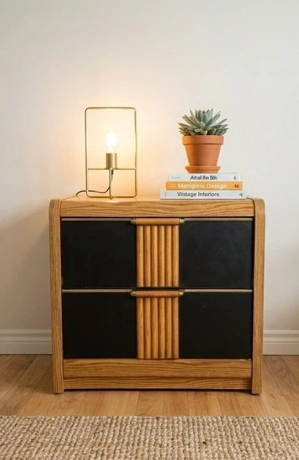 Vintage Oak and Black 2-Drawer Nightstand
