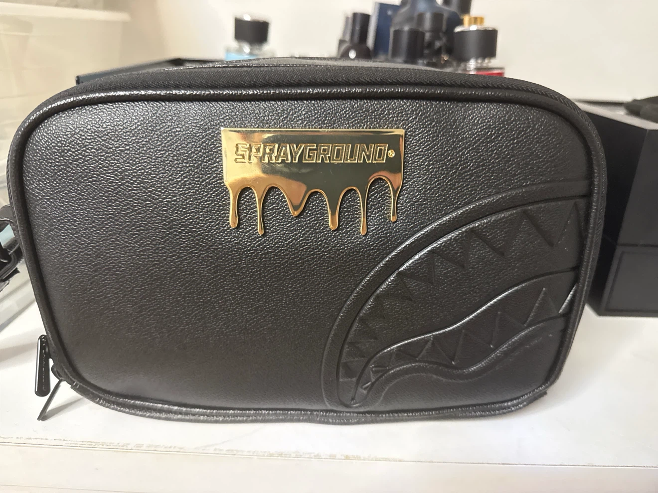 Sprayground Black Faux Leather Shark Mouth Pouch