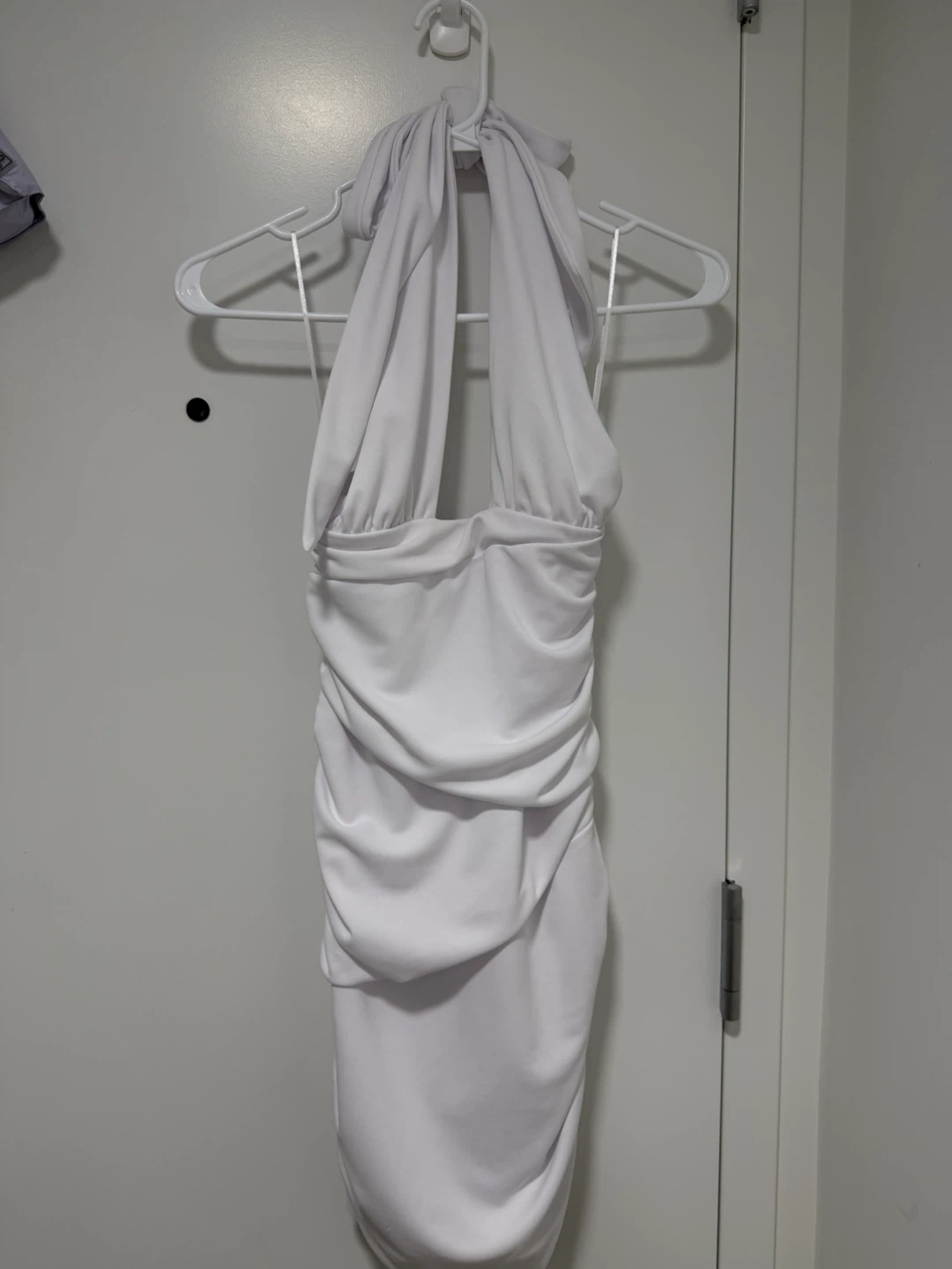 White Halter Neck Ruched Bodycon Dress