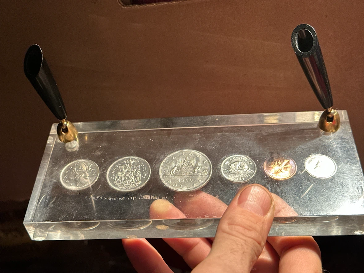 1969 lucite Canadian Coin Set Pen Holder