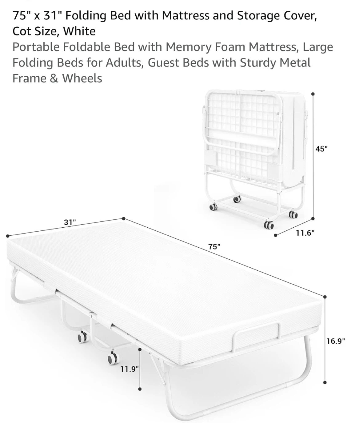 Folding Bed with Mattress and Storage Cover - Cot Size, White - photo 2