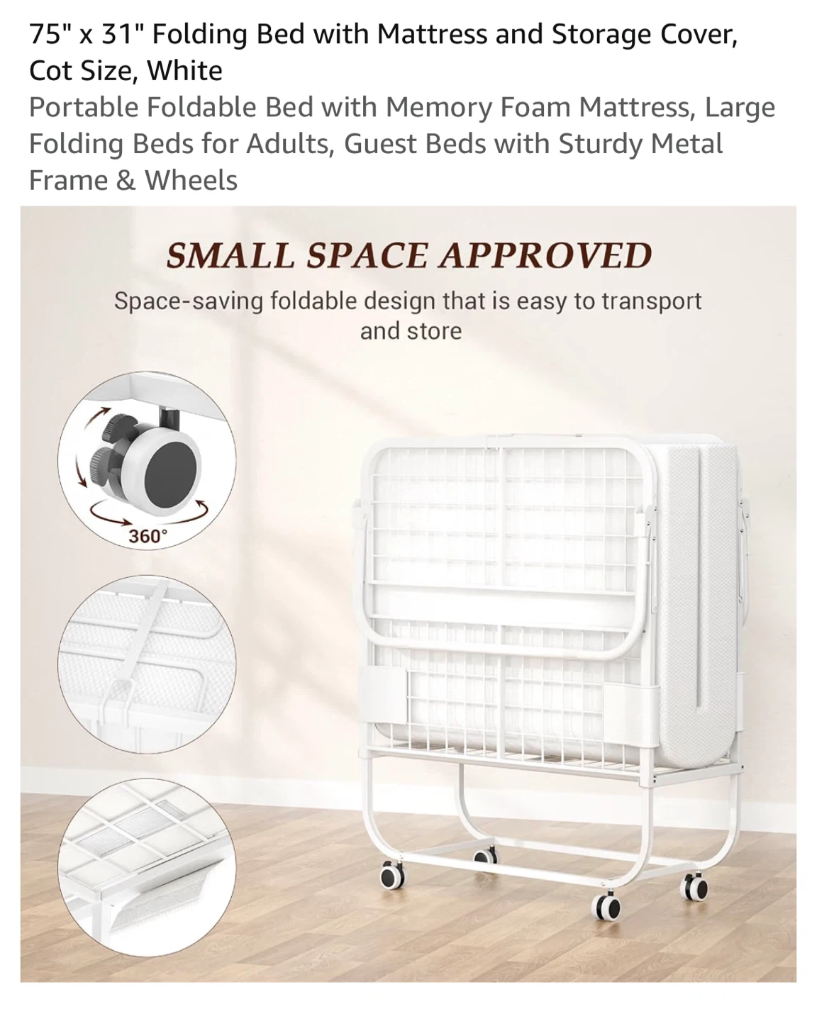 Folding Bed with Mattress and Storage Cover - Cot Size, White