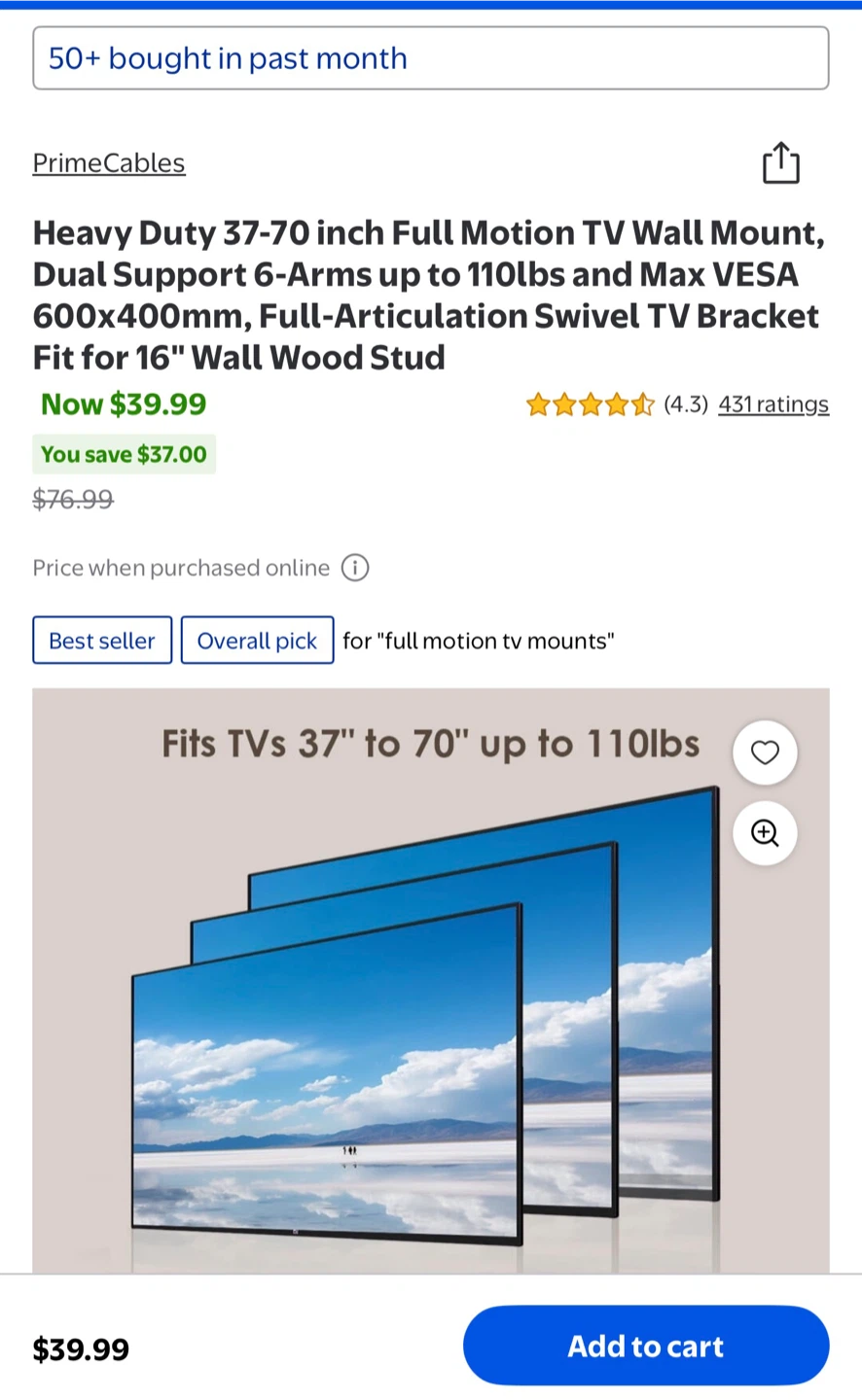 PrimeCables Full Motion TV Wall Mount 37"-70" - photo 2
