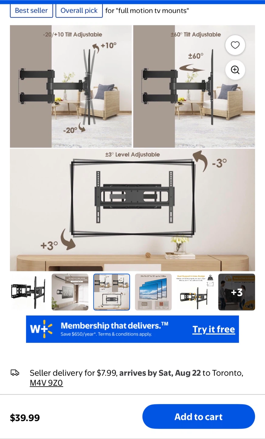 PrimeCables Full Motion TV Wall Mount 37"-70"