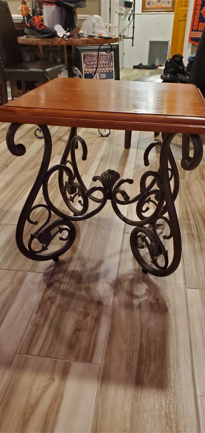 Wooden Top Side Table with Ornate Metal Base