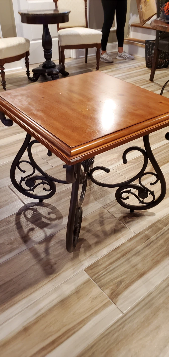 Wooden Top Side Table with Ornate Metal Base - photo 2