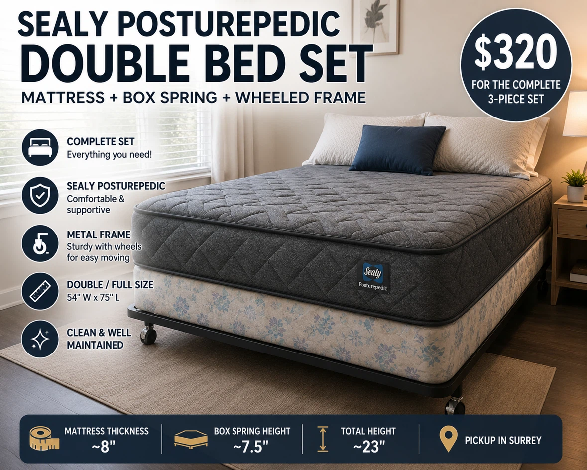 Sealy Posturepedic Double mattress, Bed box with Frame