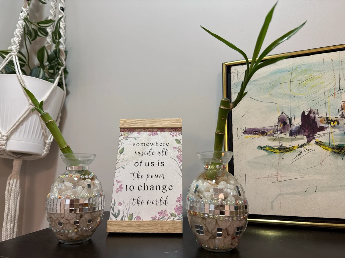 Set of 2-Mosaic Decorated Vases with Lucky Bamboo