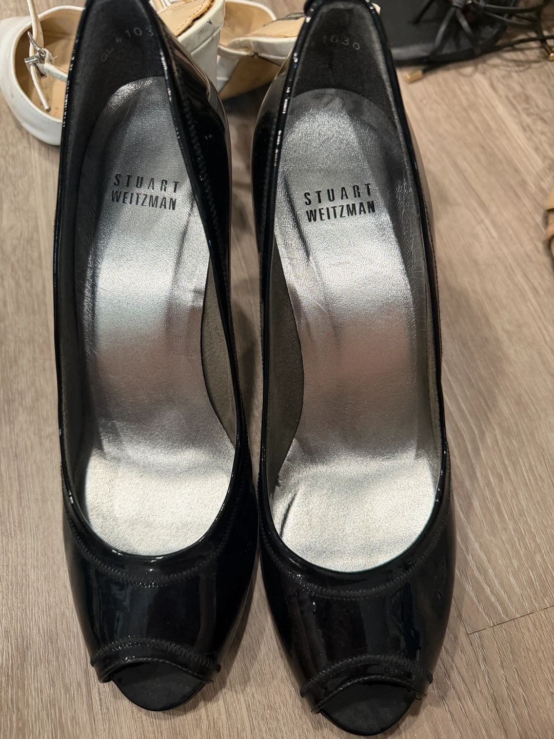 Stuart Weitzman Black Patent Peep-Toe Heels
