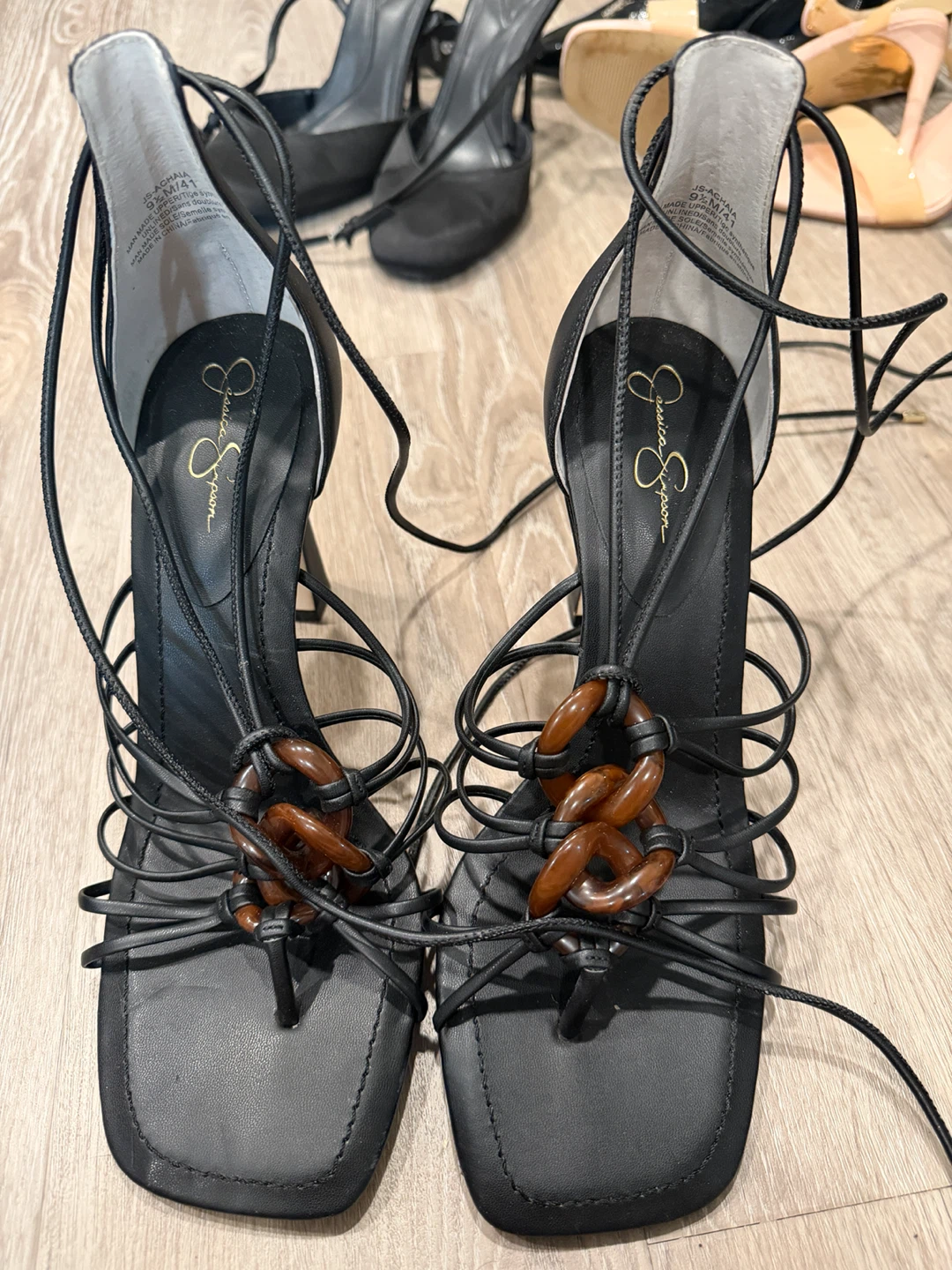 Jessica Simpson Black Lace-Up Heels with Tortoise Detail