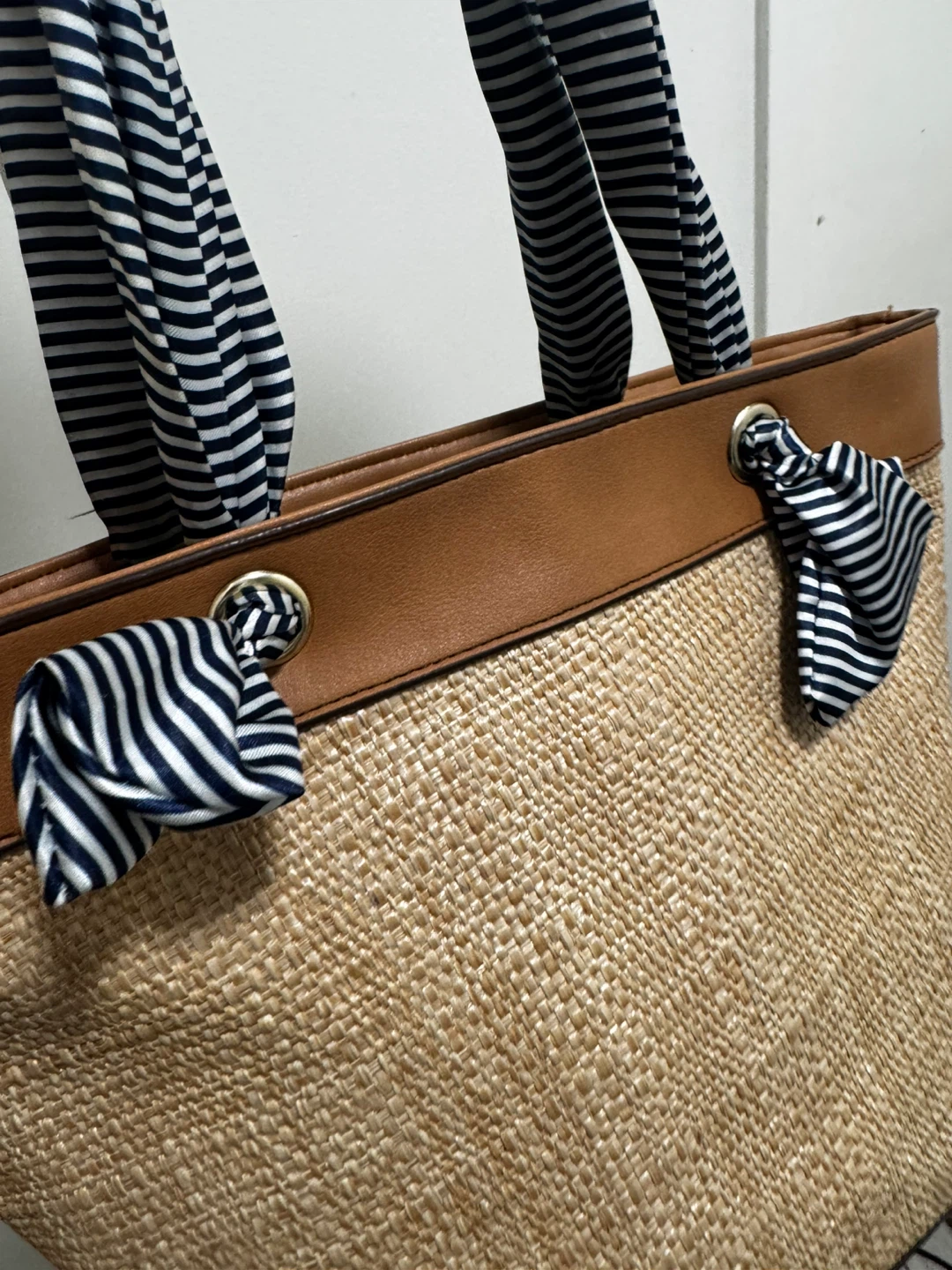 Straw Beach Tote Bag with Striped Handles