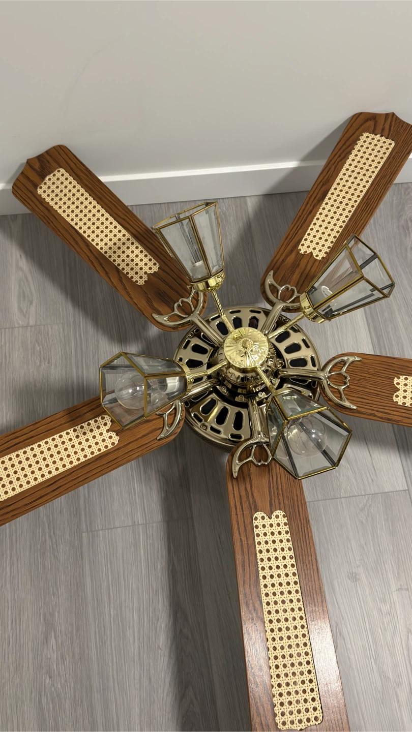 Vintage Ceiling Fan with 5 Wood Blades and Glass Lights