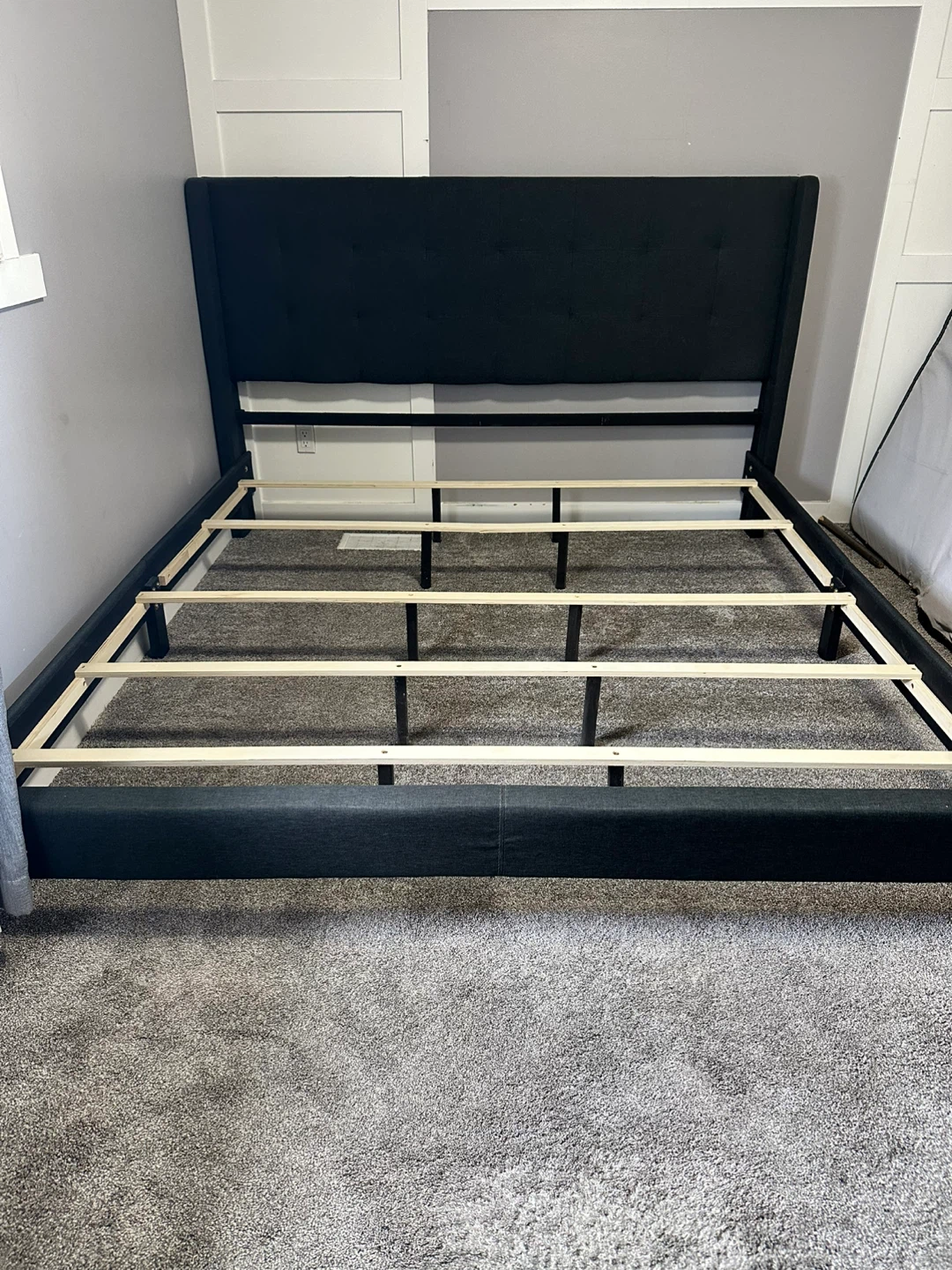 Dark Grey Upholstered Bed Frame with Slat Support