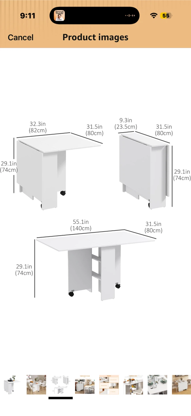 White Folding Drop Leaf Dining Table with Wheels - photo 5