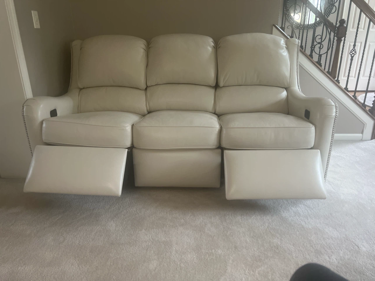 Walter E Smith Cream Leather Reclining Sofa