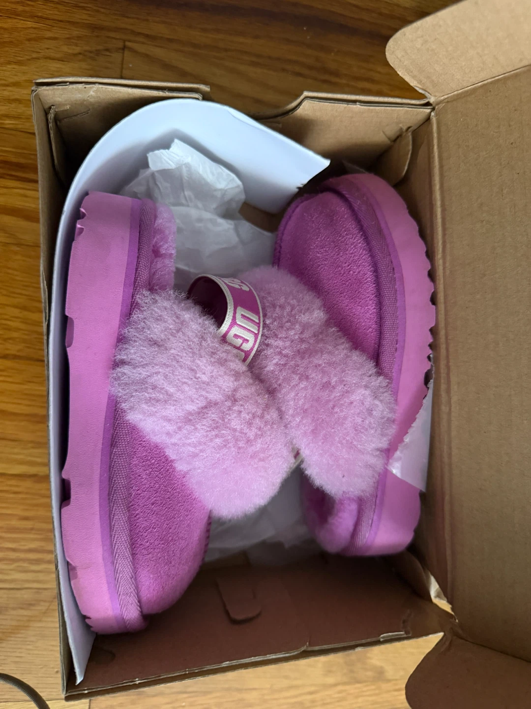 UGG Pink Fluffy Slides - Size 8