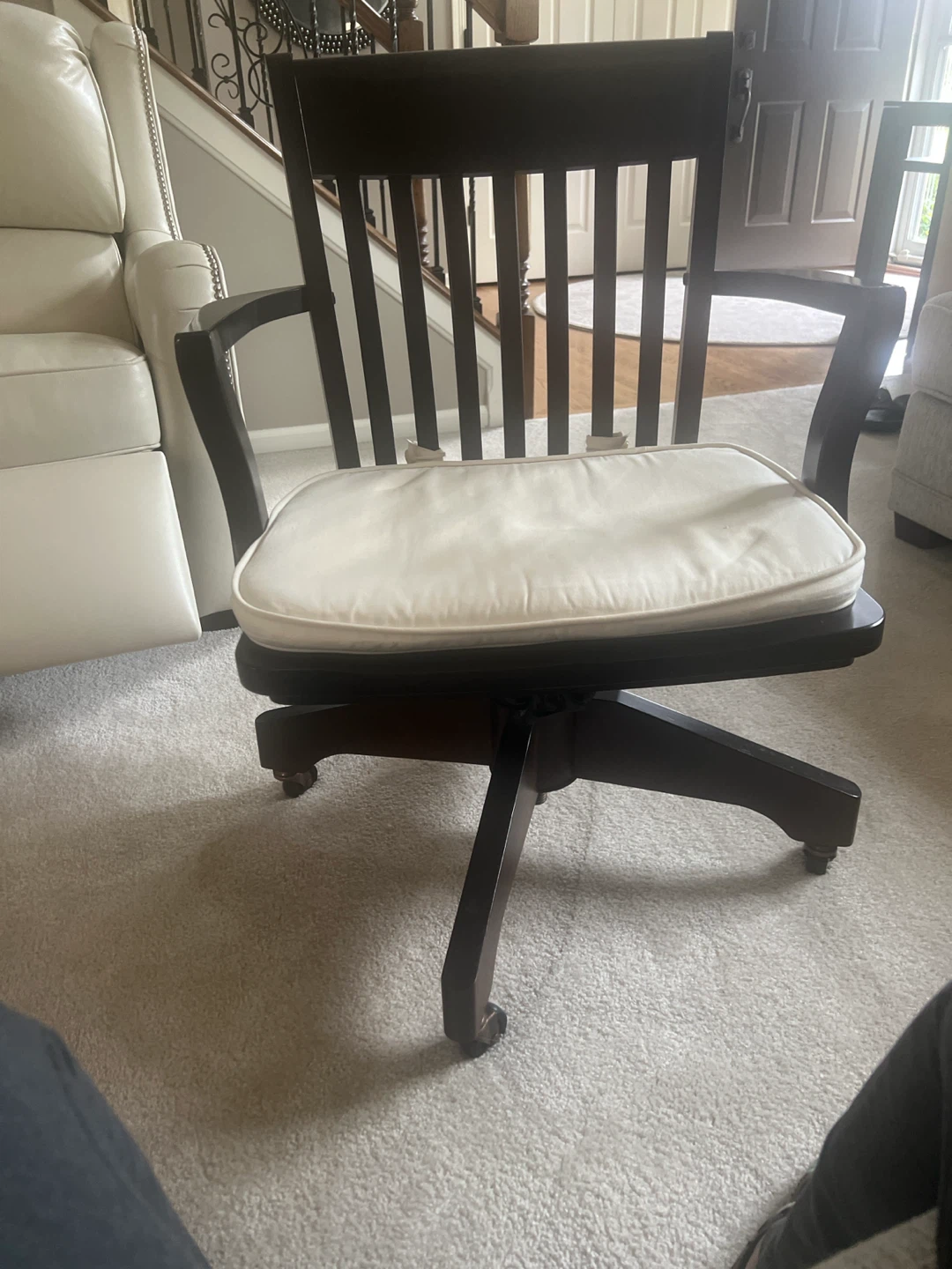 Pottery Barn Dark Wood Swivel Office Chair with Cream Cushion