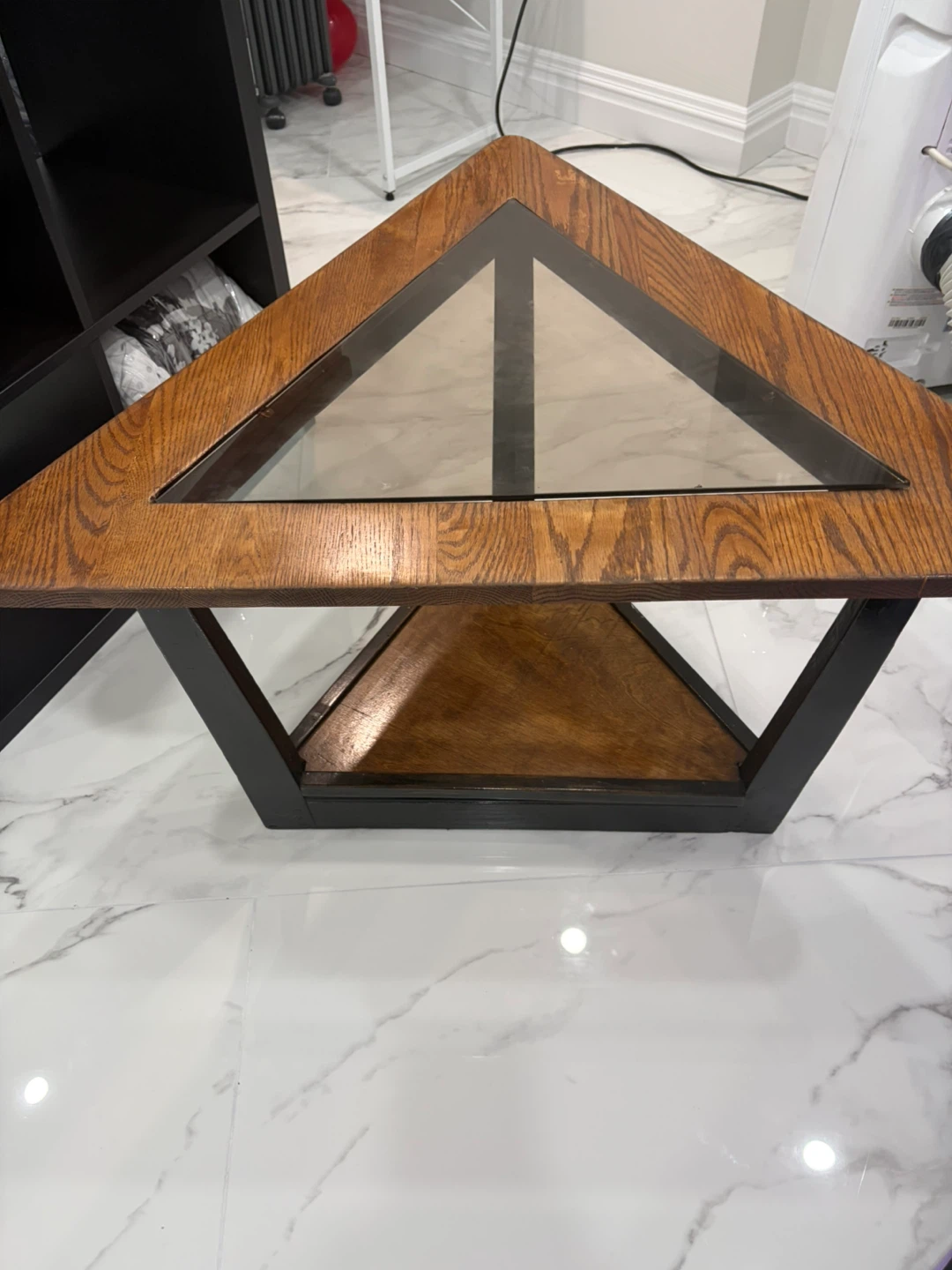 This vintage geometric oak-paneled Wooden & Glass  Table
