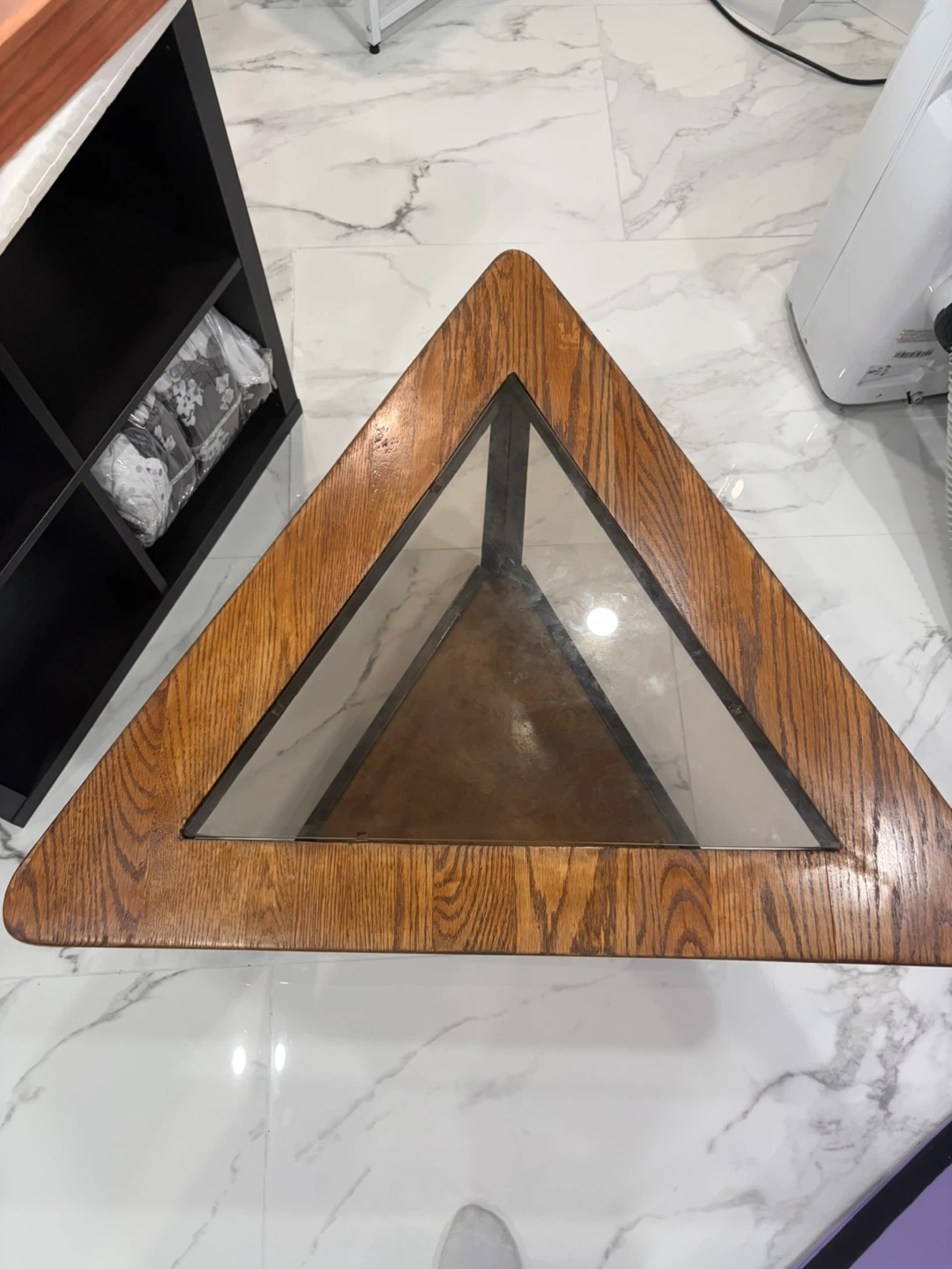 This vintage geometric oak-paneled Wooden & Glass  Table - photo 2