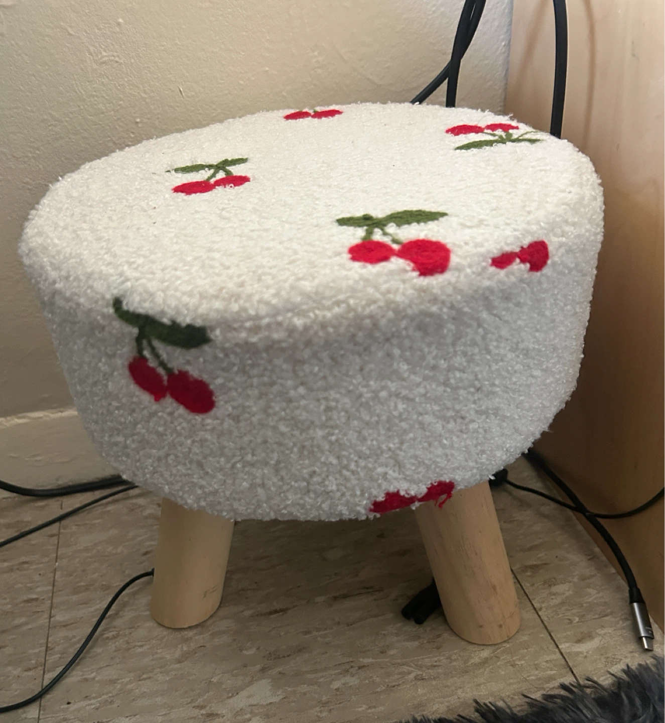 Fuzzy White Stool with Cherries - photo 2