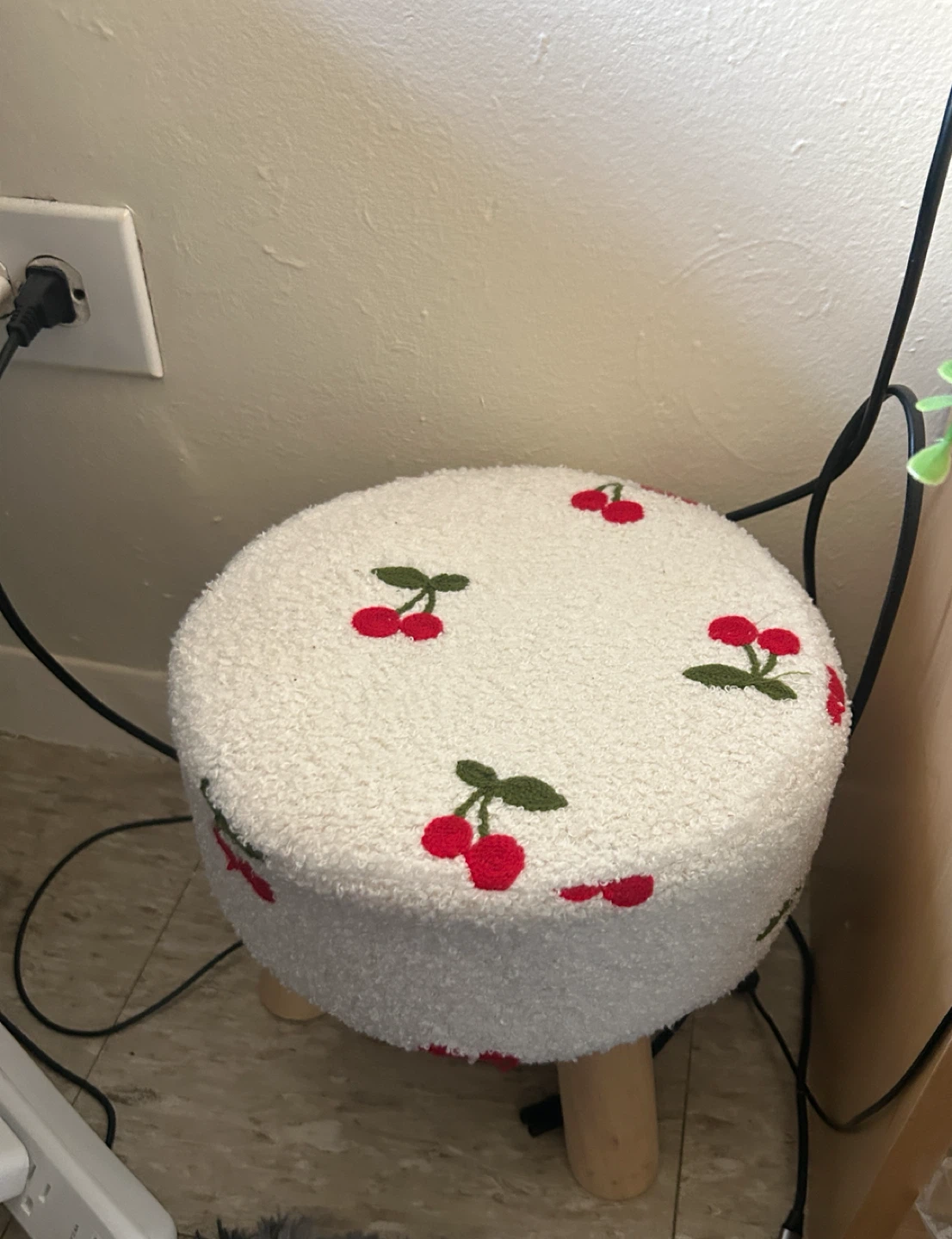 Fuzzy White Stool with Cherries