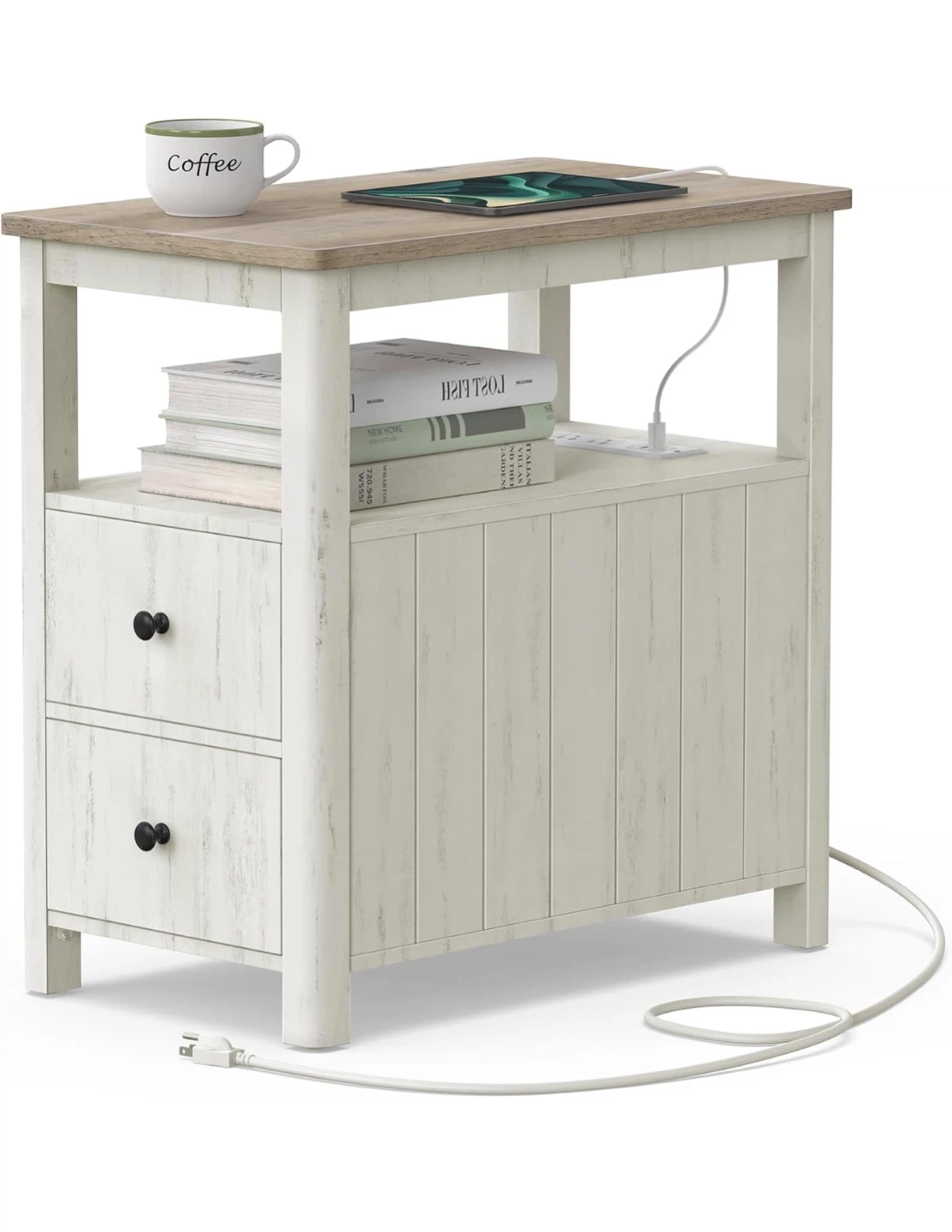 VASAGLE Side Table with 2 Drawers and Charging Station