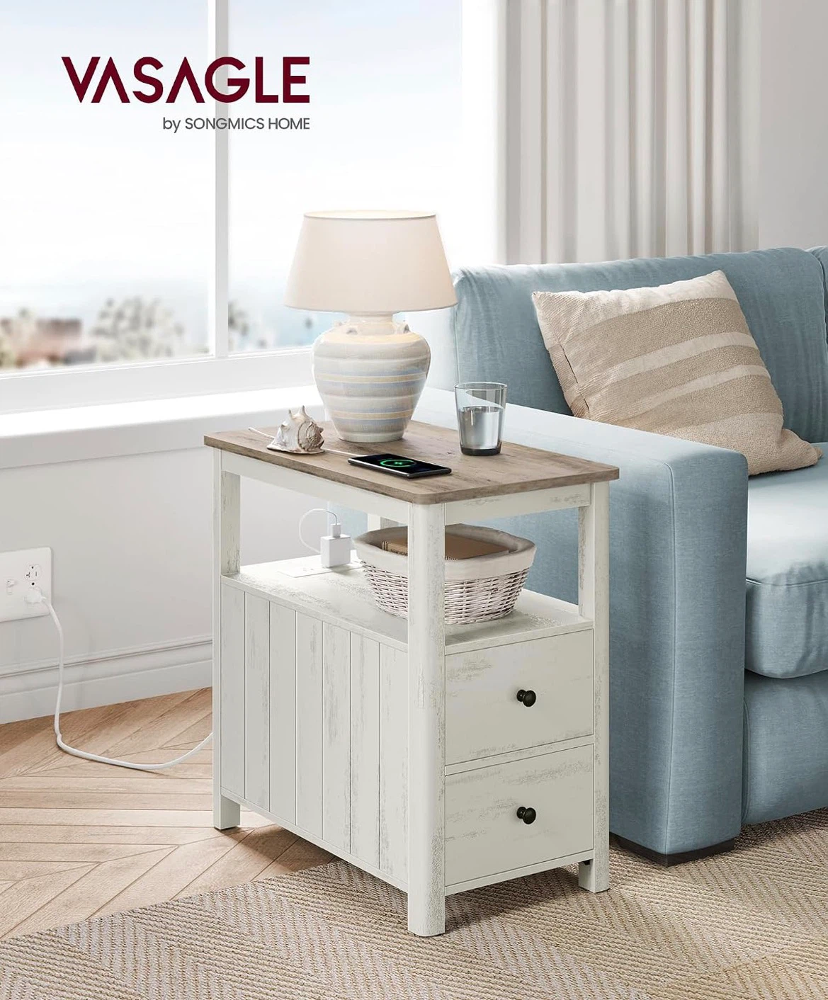 VASAGLE Side Table with 2 Drawers and Charging Station - photo 2