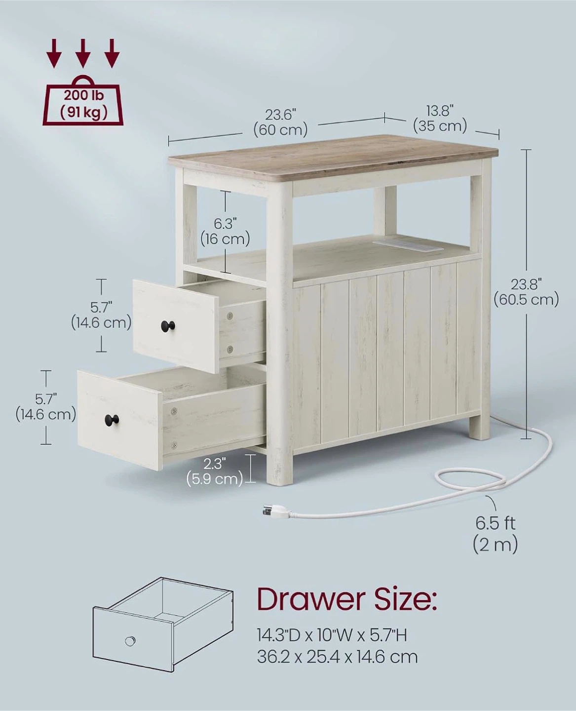 VASAGLE Side Table with 2 Drawers and Charging Station - photo 3