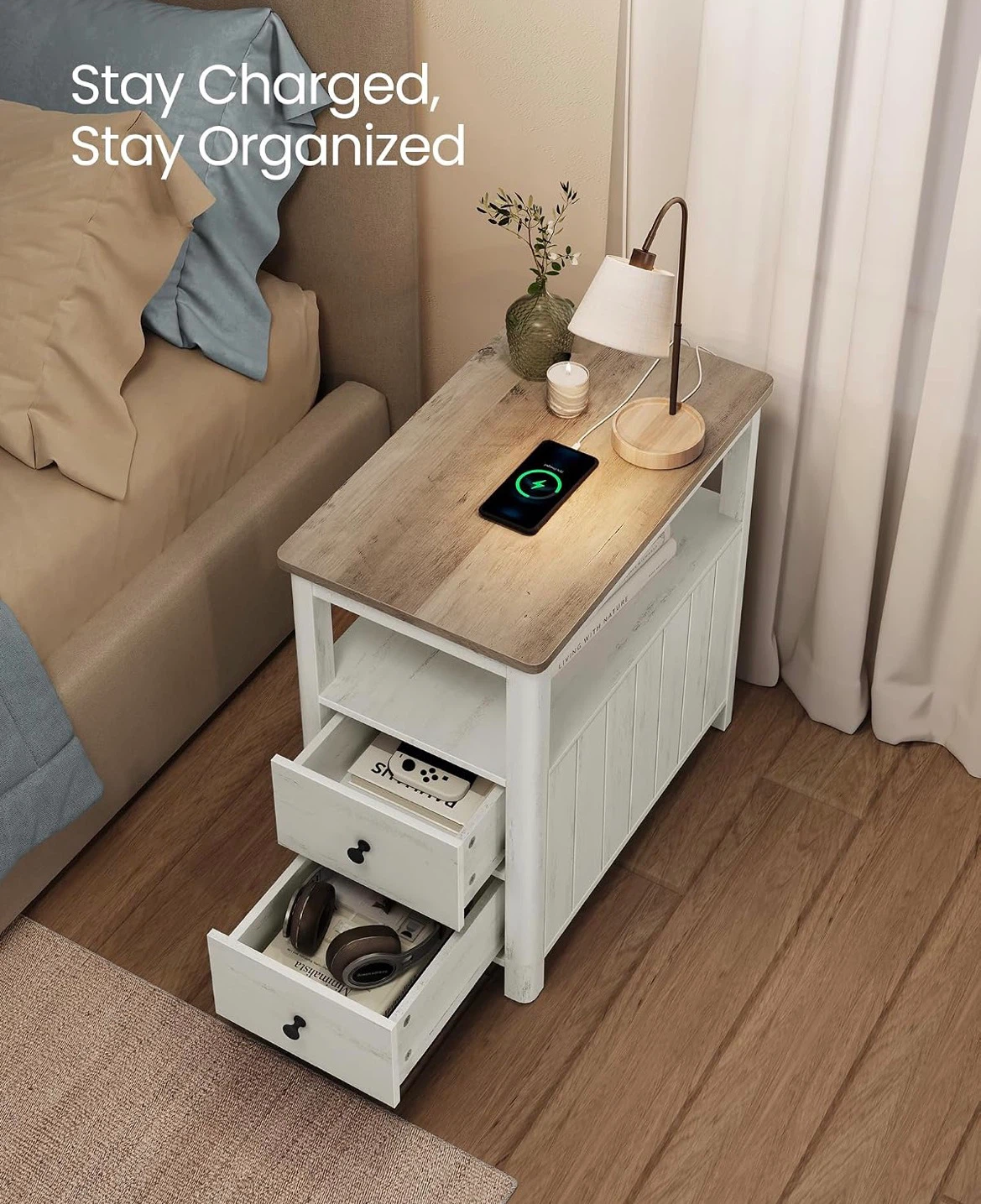VASAGLE Side Table with 2 Drawers and Charging Station - photo 4