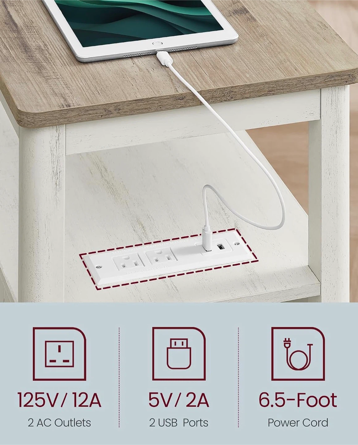 VASAGLE Side Table with 2 Drawers and Charging Station - photo 5